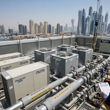 chiller plant showing chilled water pumps cooling equipment and piping