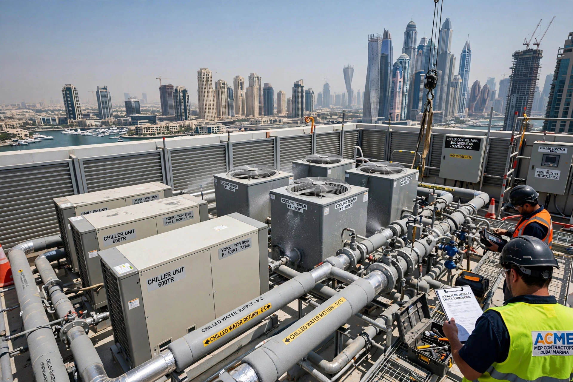chiller plant showing chilled water pumps cooling equipment and piping