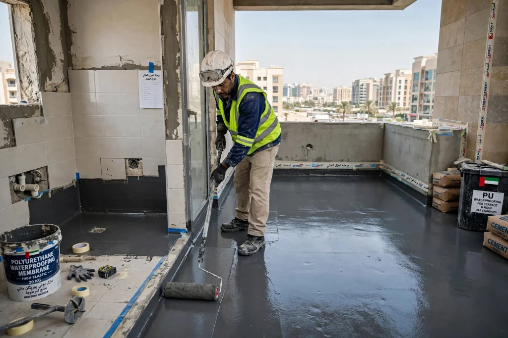 Professional polyurethane waterproofing application for a building in Dubai