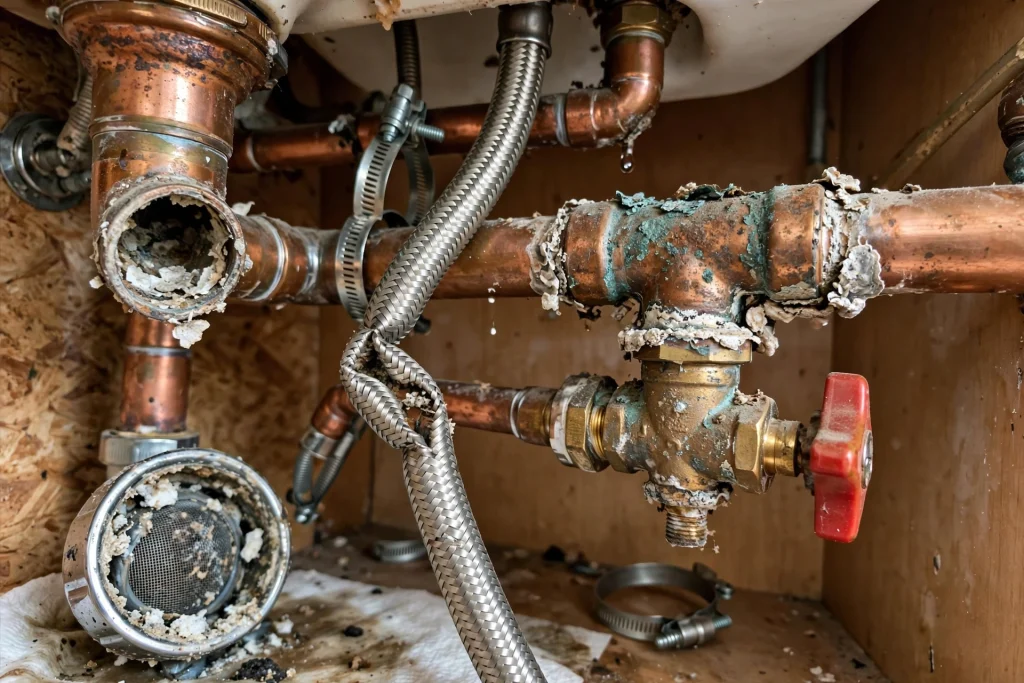 Brown rusty water flowing from a plumbing faucet