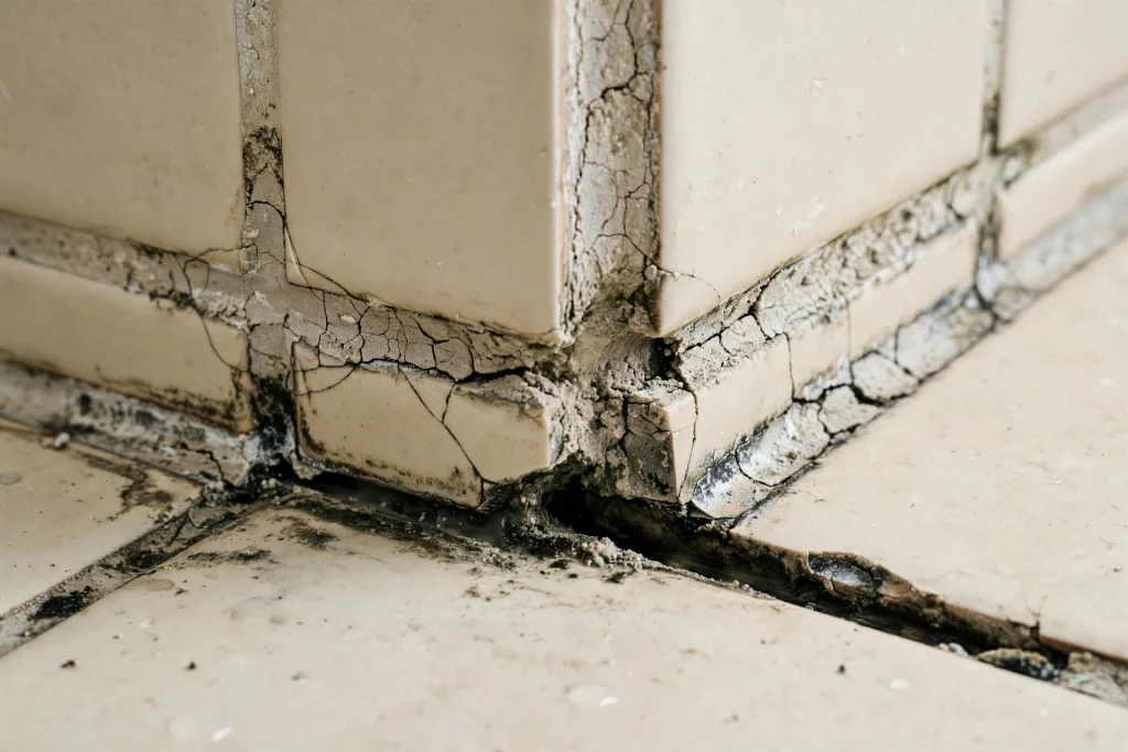 Cracked ceramic tiles in a residential bathroom