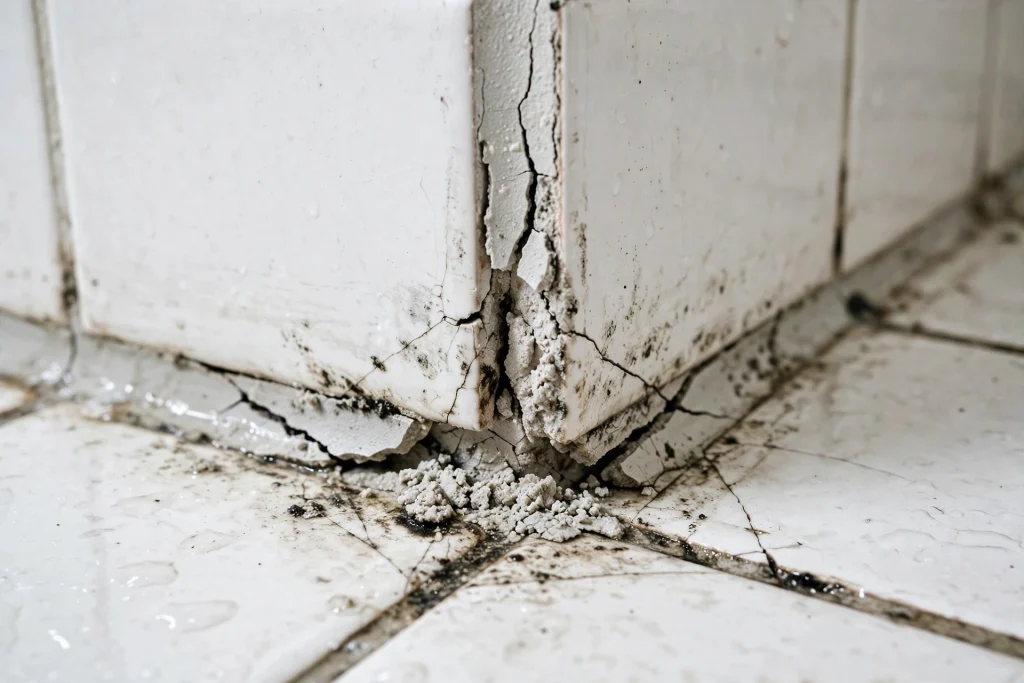 Uneven grout lines between newly installed floor tiles