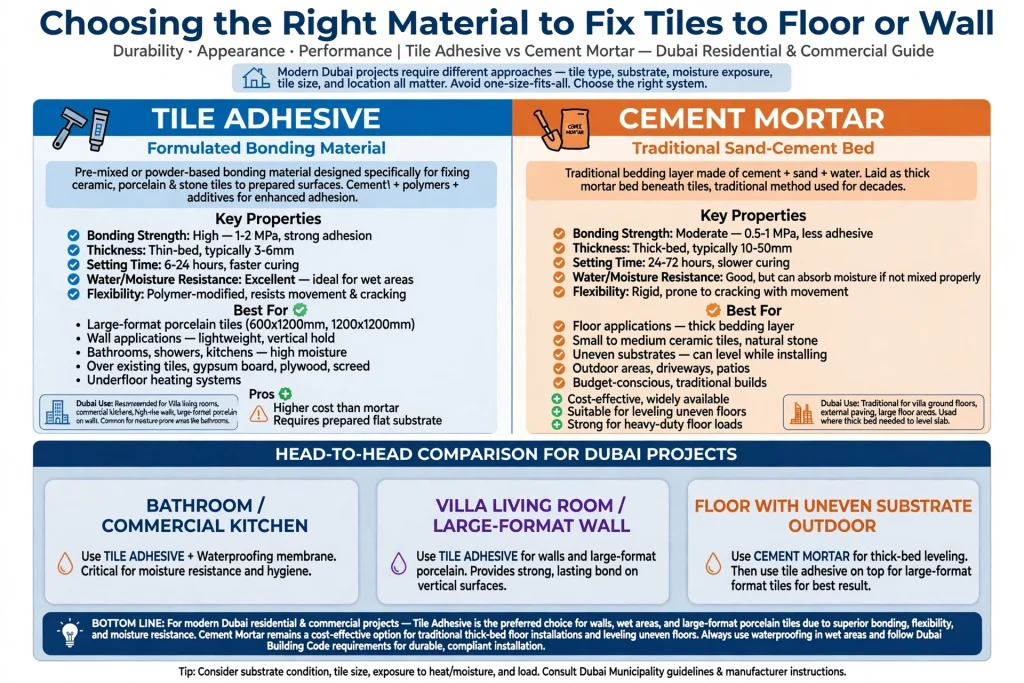 Tile adhesive and cement mortar used for tile installation