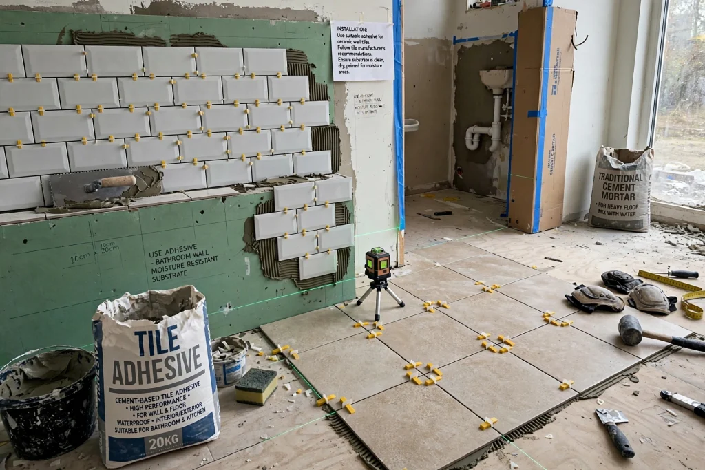 Professional applying tile adhesive with a notched trowel