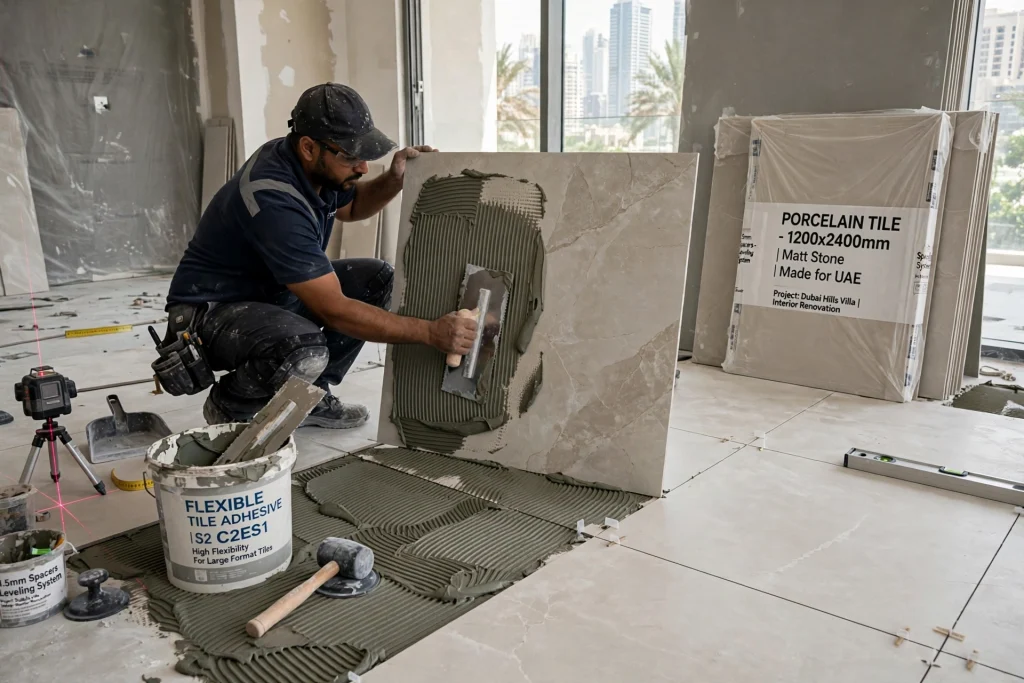 Cement mortar bedding prepared for floor tile installation