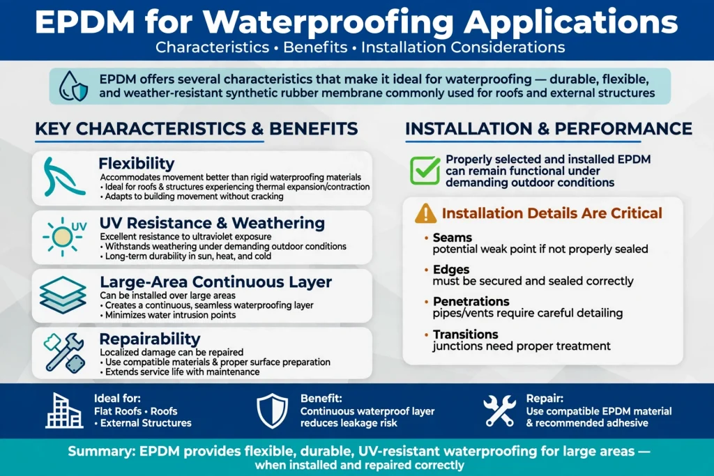 Waterproof EPDM membrane covering a building roof surface