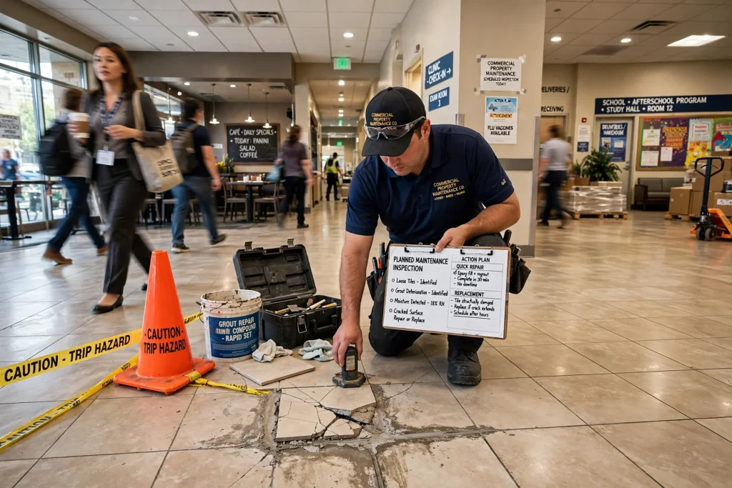 Professional tile repair work in a residential bathroom