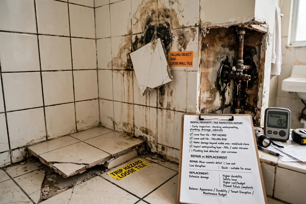 Loose floor tile being inspected for adhesive failure