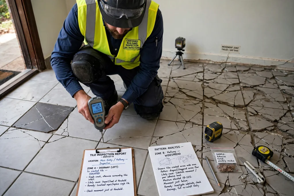 Tile contractor removing a damaged floor tile