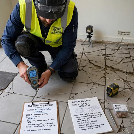 Tile contractor removing a damaged floor tile