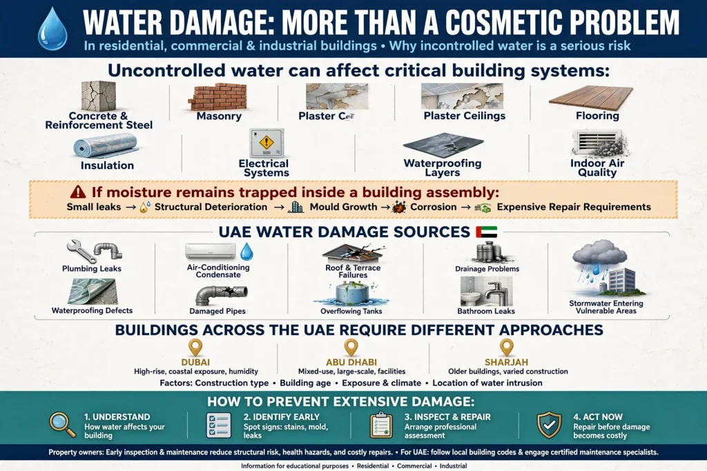 Water damage affecting the interior structure of a UAE building