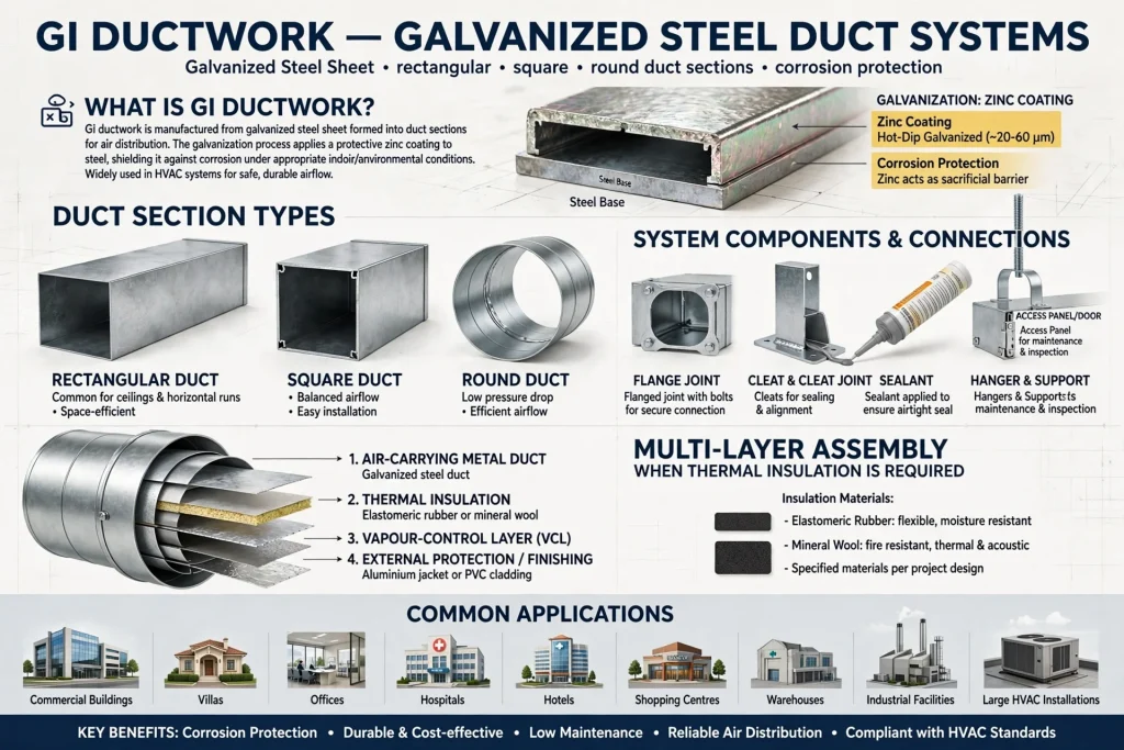 Galvanized iron ductwork installed in a commercial HVAC system