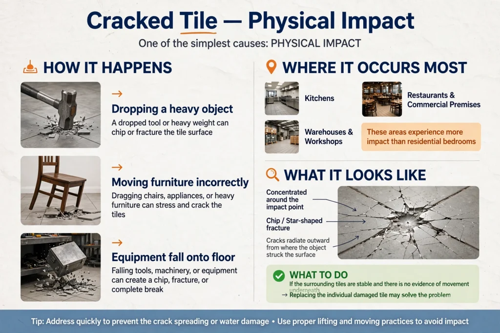 Damaged ceramic floor tile with a large crack
