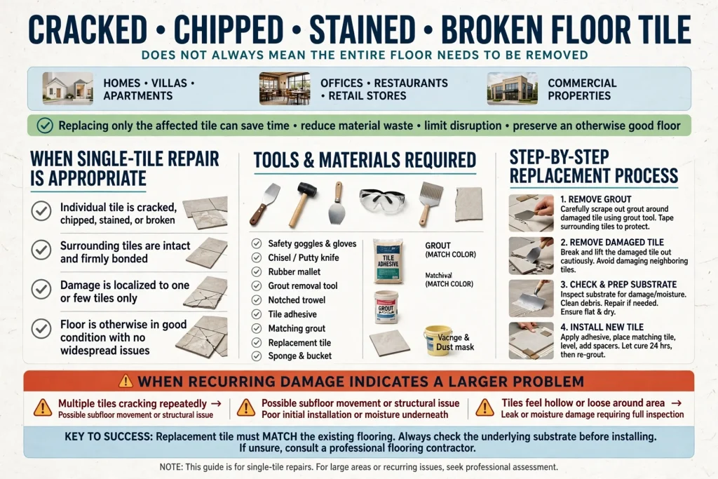 Professional replacing a damaged floor tile without removing the entire floor