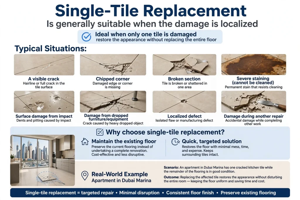 Broken ceramic floor tile being prepared for replacement