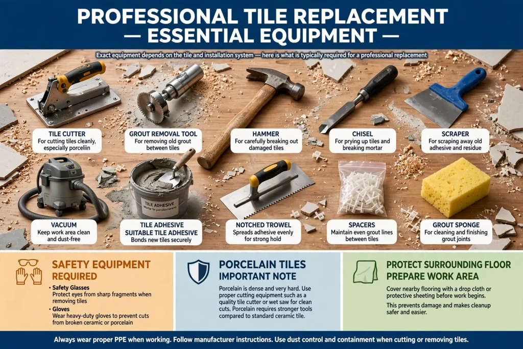 Cracked porcelain tile marked for careful removal