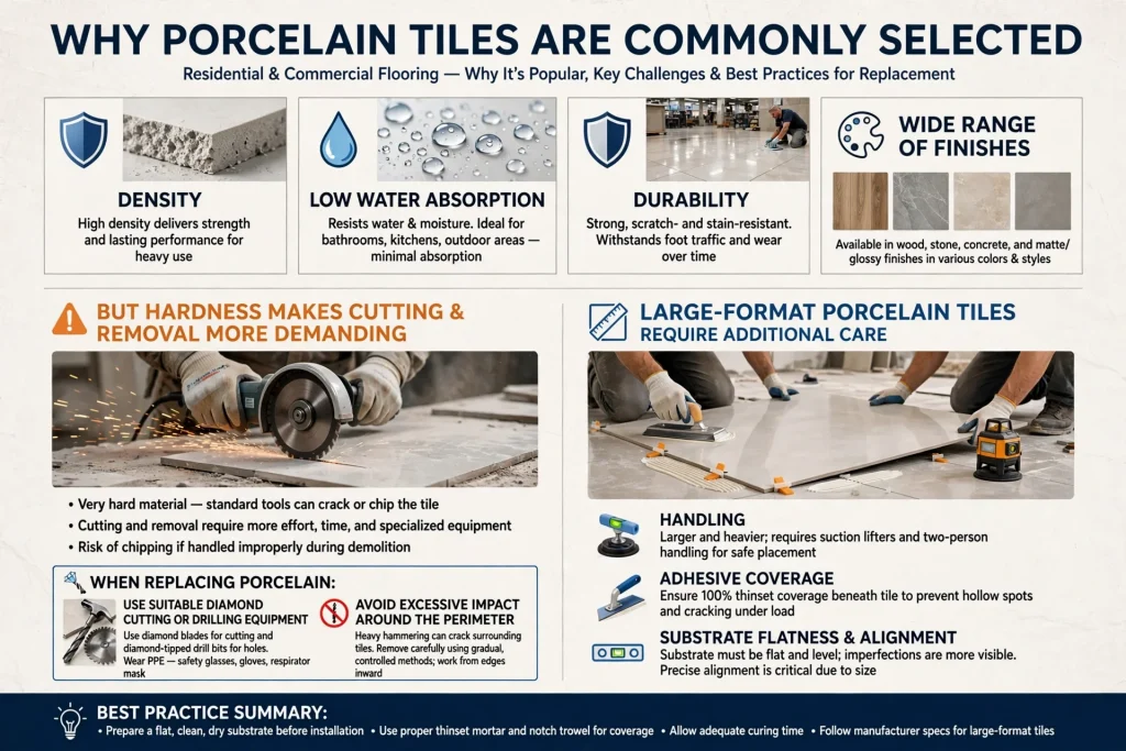 Damaged floor tile being broken for controlled removal