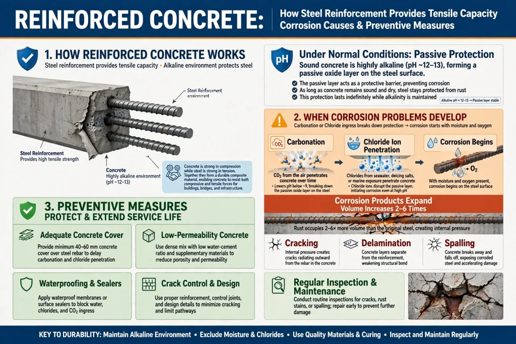Reinforced concrete showing signs of deterioration
