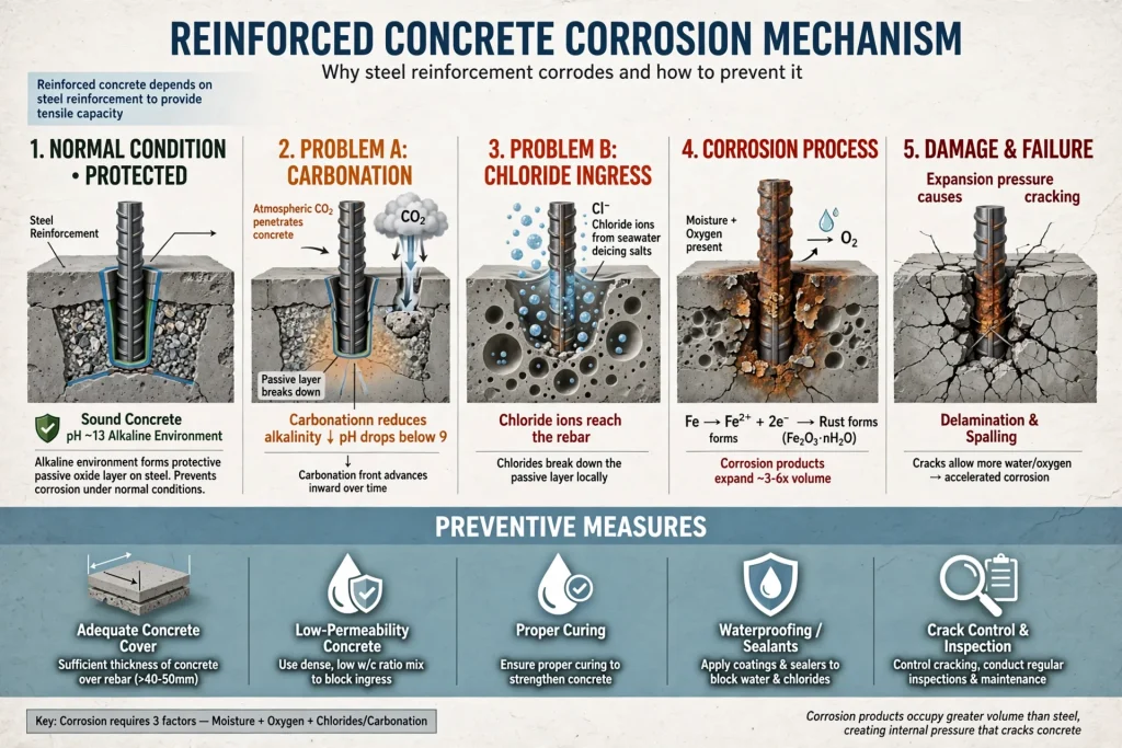 Concrete spalling with exposed steel reinforcement