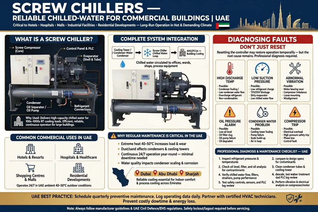Screw chiller repair technician inspecting HVAC equipment