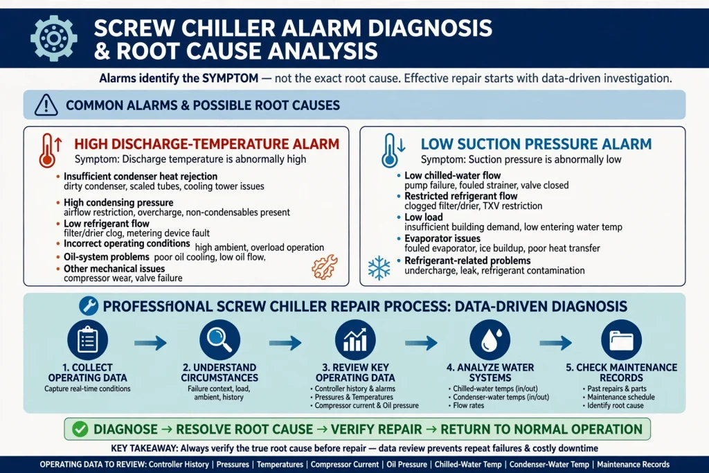 Commercial screw chiller system under maintenance