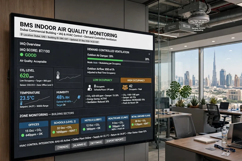 BMS dashboard monitoring temperature and HVAC performance