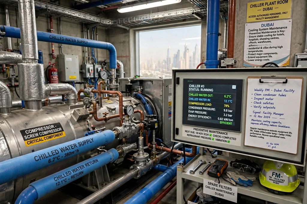 Regular chiller maintenance for commercial cooling systems in Dubai