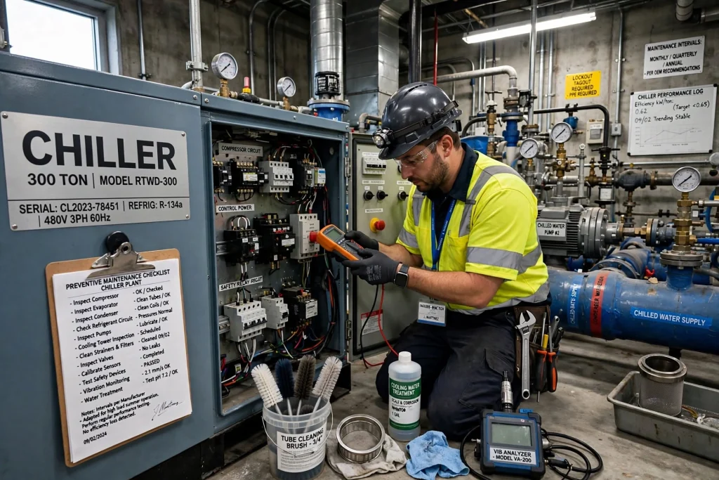 Commercial HVAC cooling system with high efficiency chiller