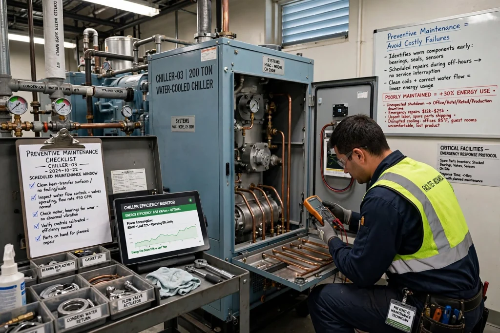 Industrial chiller system being inspected by HVAC technicians