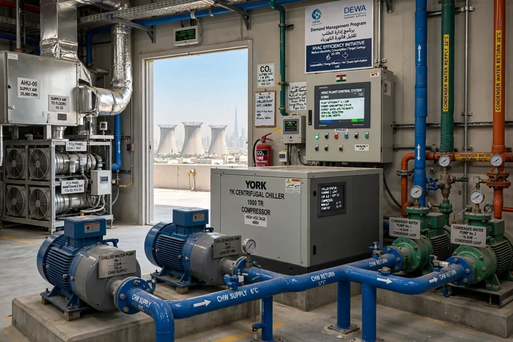 Efficient chiller system reducing building electricity consumption