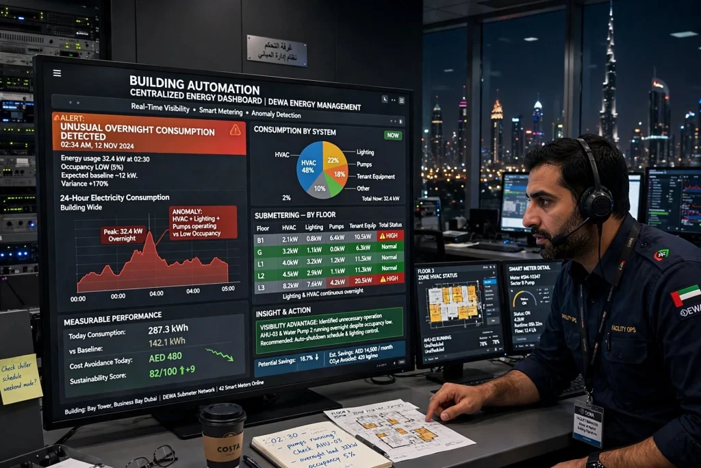 Smart HVAC controls improving energy efficiency in a modern commercial building