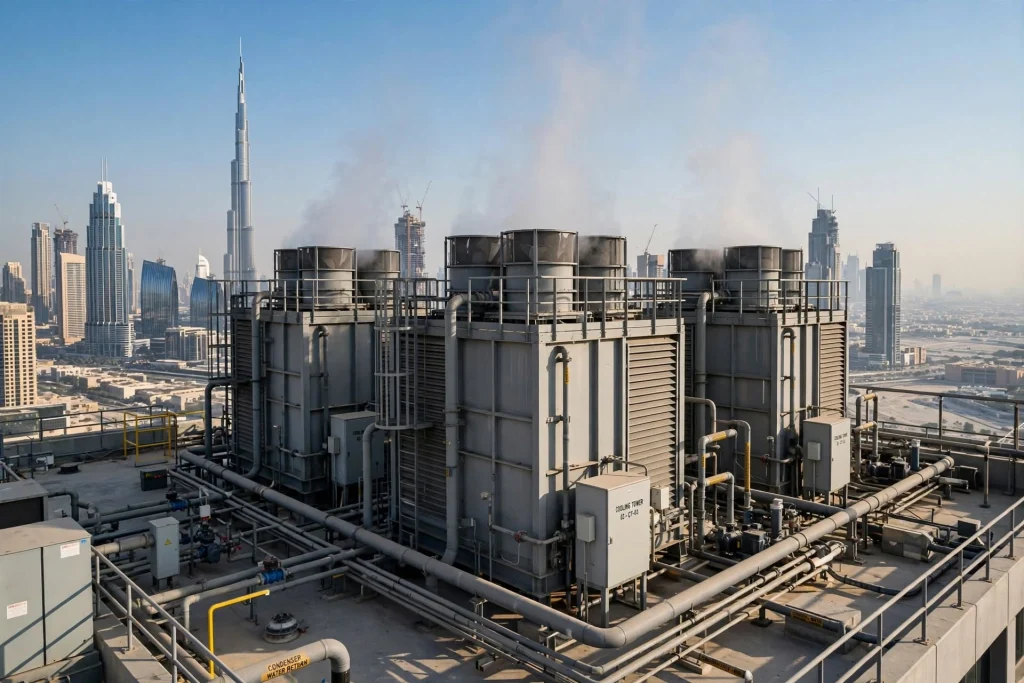 Water cooled chiller system operating efficiently in a commercial building