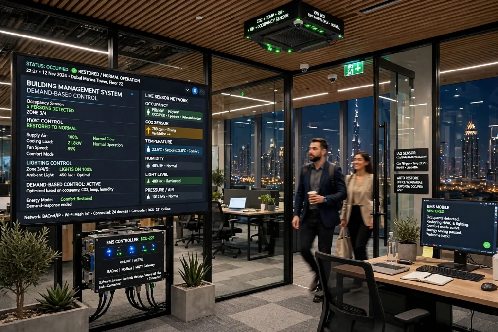 Building management system dashboard monitoring energy consumption and HVAC performance