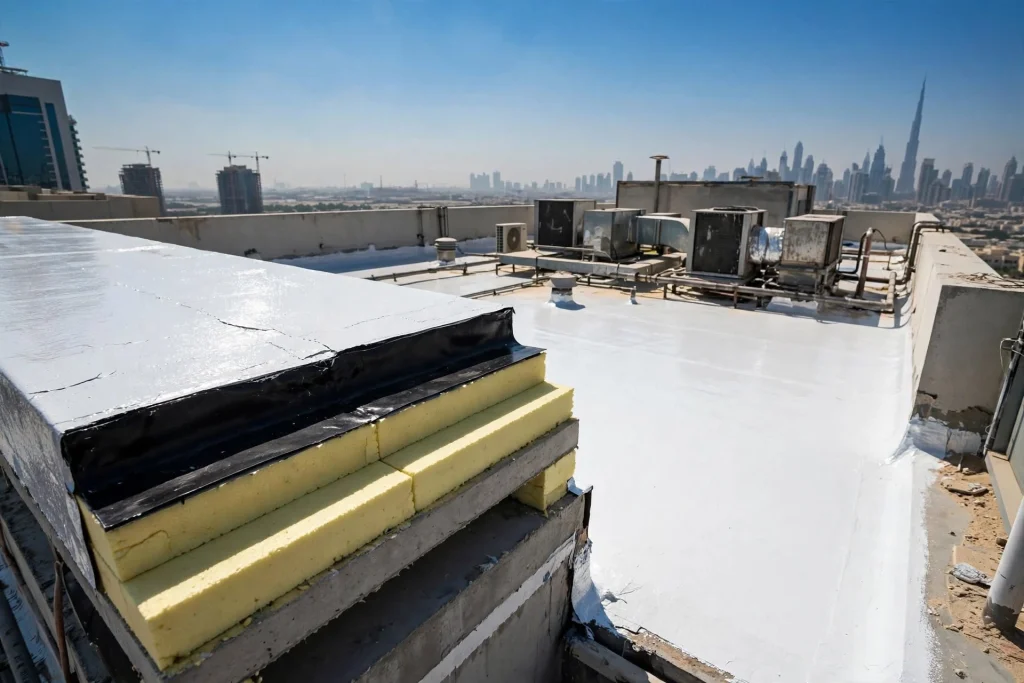 Roof waterproofing contractor working on a building in Dubai