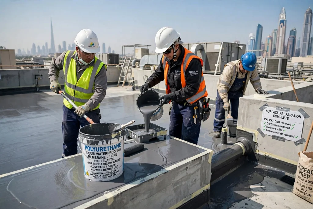 Dubai roof waterproofing installation on a concrete building roof