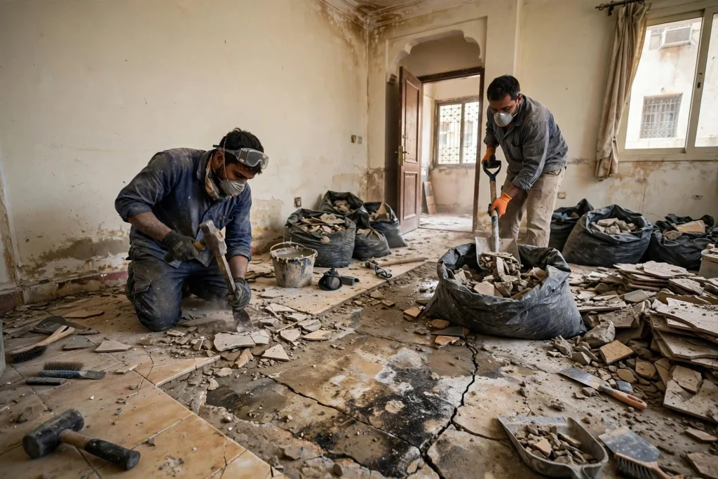 Tile installer laying porcelain floor tiles in Dubai