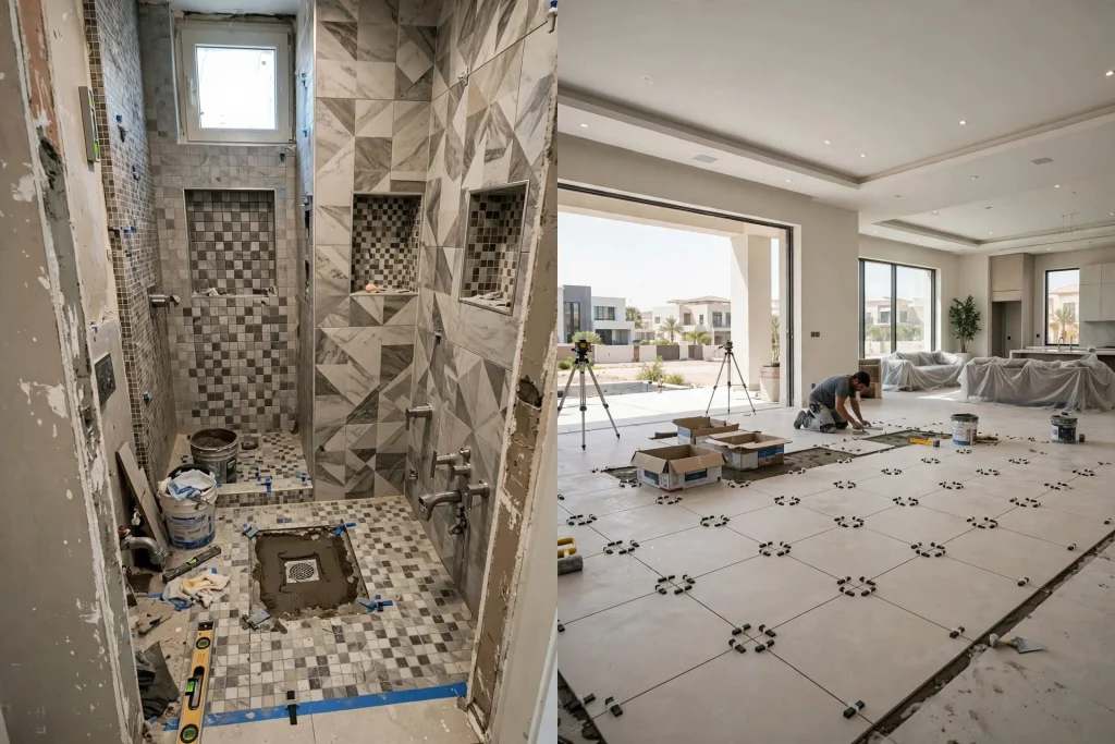 Modern Dubai villa with professionally installed floor tiles