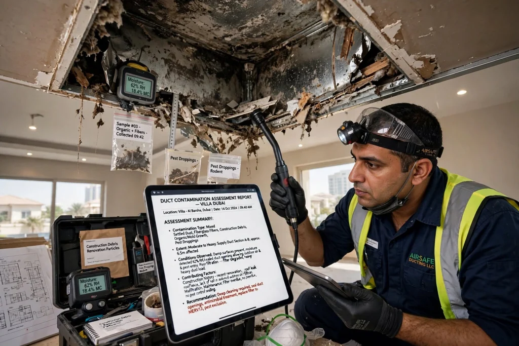 Technician cleaning HVAC air ducts in a Dubai villa