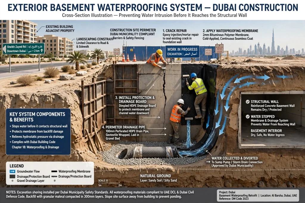 Waterproofing treatment for underground basement structures in Dubai