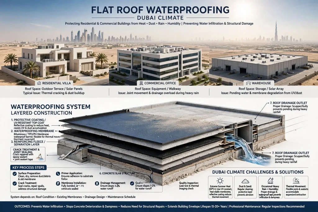 Flat roof waterproofing solutions for Dubai villas and buildings