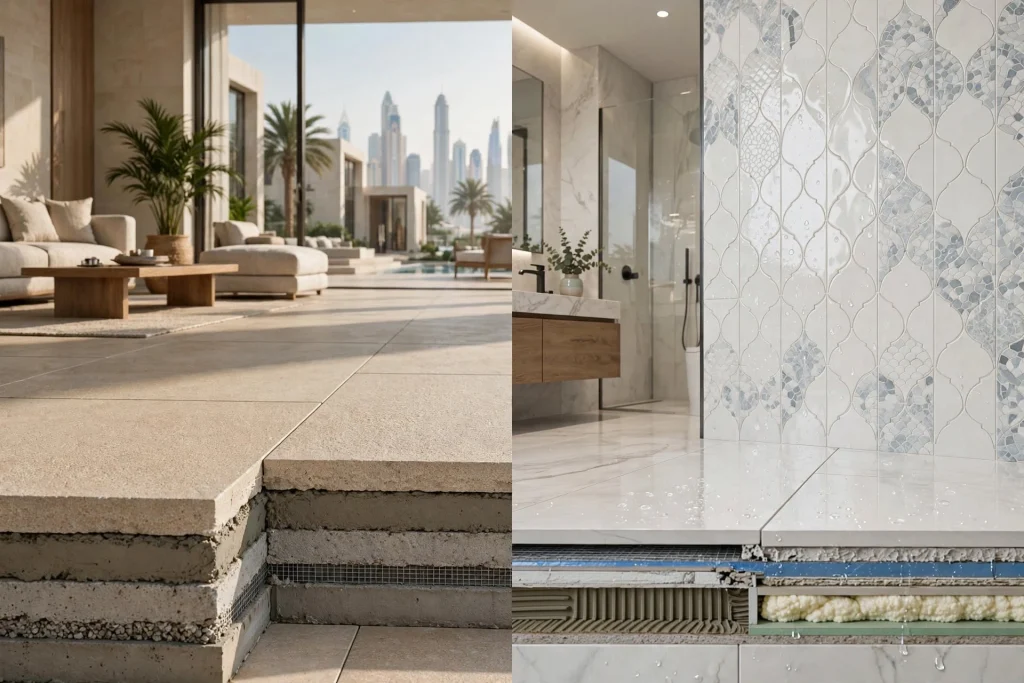 Difference between floor tiles and wall tiles in a modern Dubai home