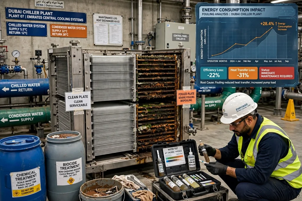 Commercial chiller system being inspected for reduced cooling capacity