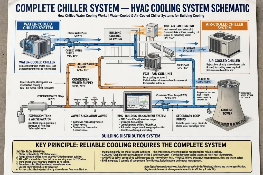 Technician inspecting a commercial chiller system
