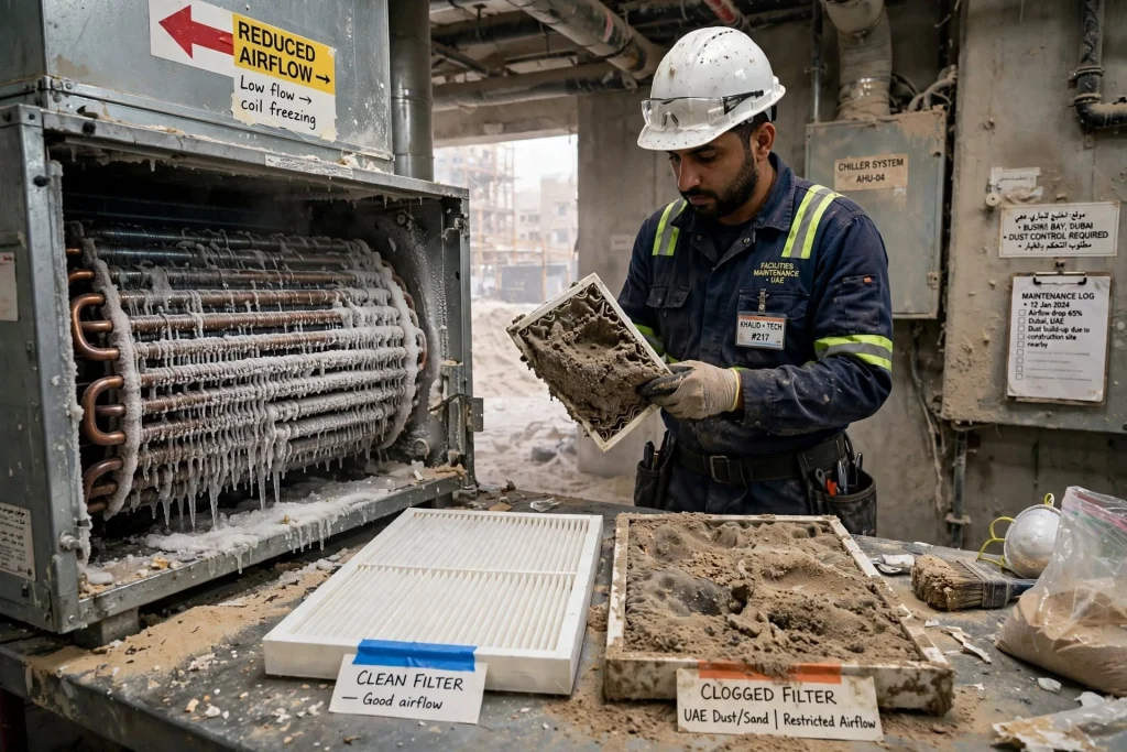 Technician checking refrigerant pressure in a commercial air conditioning system