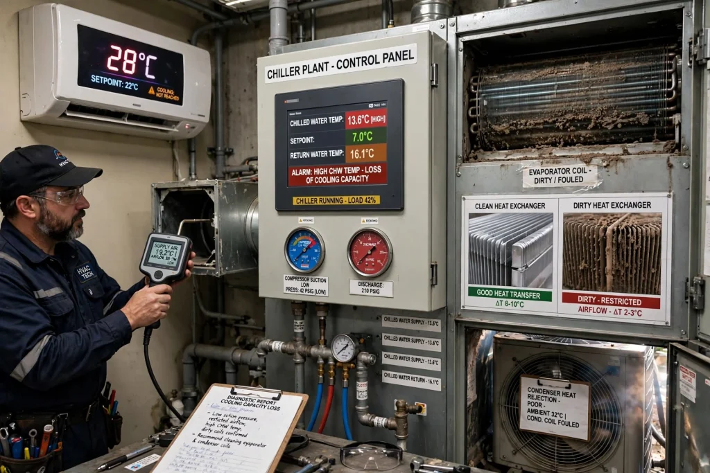 Air conditioning unit experiencing cooling capacity loss due to system performance issues
