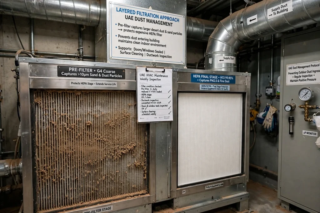 HVAC technician inspecting a HEPA air filter
