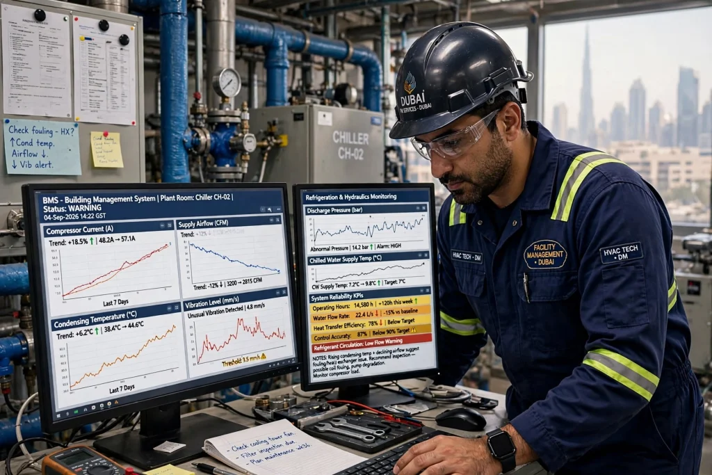 Building management system monitoring HVAC cooling performance and temperature