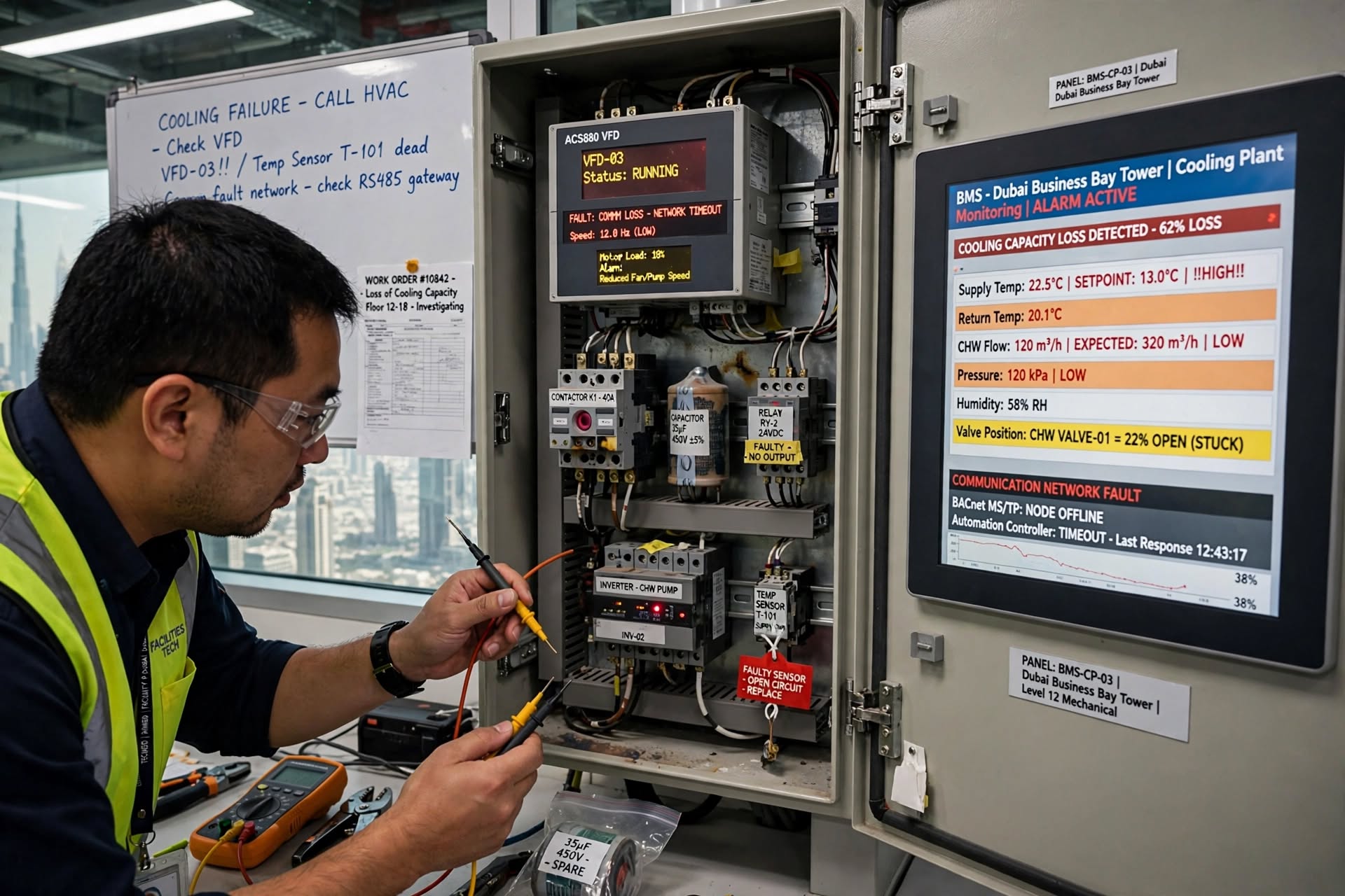 Technician inspecting compressor performance in a large chiller system