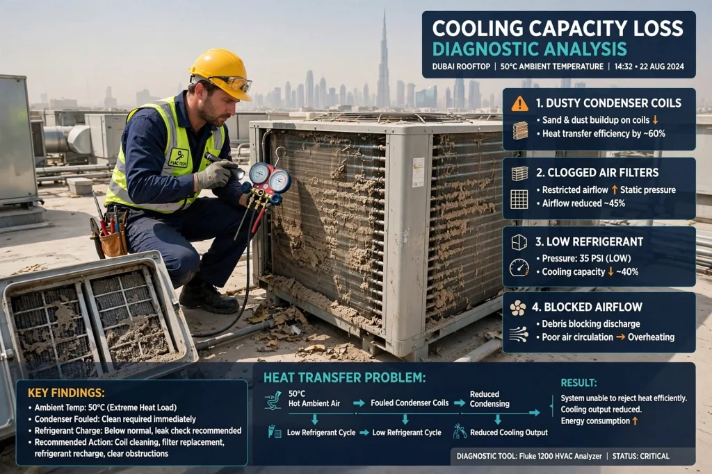 HVAC technician inspecting an air conditioning system with reduced cooling performance