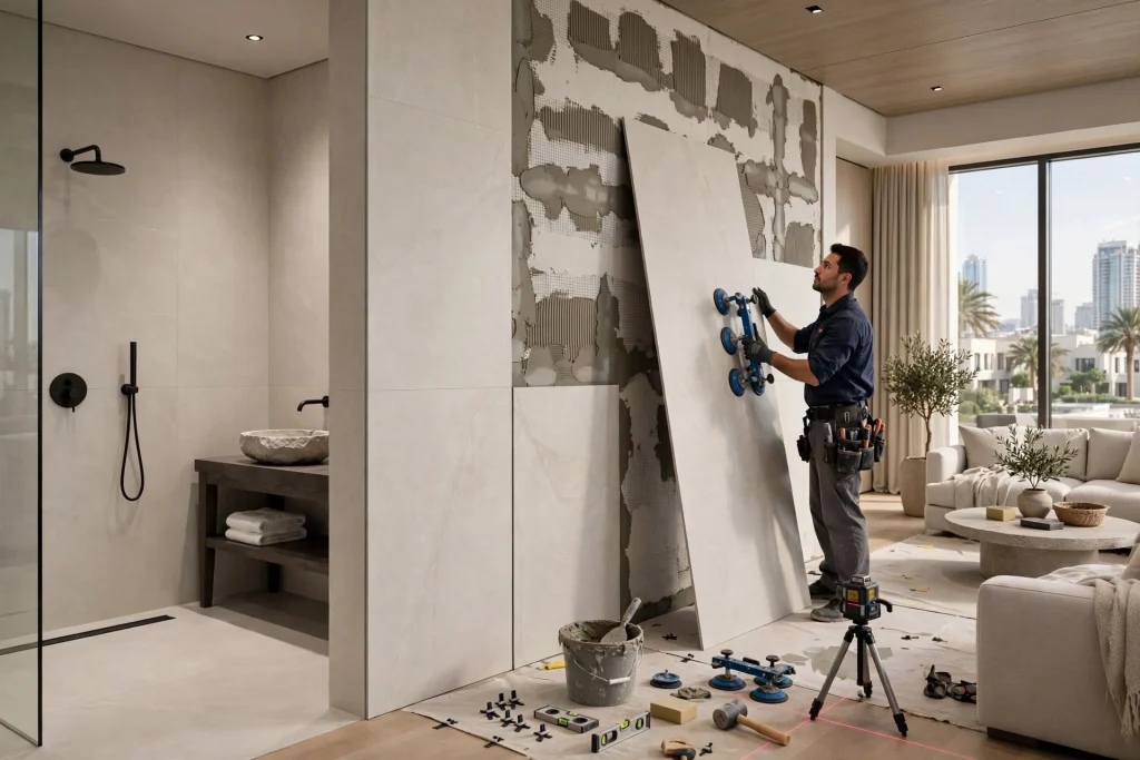 Modern floor and wall tiles used together in a Dubai interior